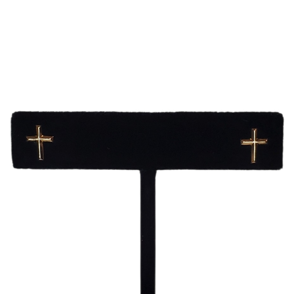 Vintage 14K Yellow Gold Polished Dainty 3D Cross Post Back Stud Pierced Earrings
